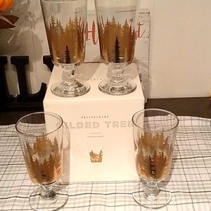 Pottery Barn Gilded tree stemware goblets glasses Christmas trees gold set of 4